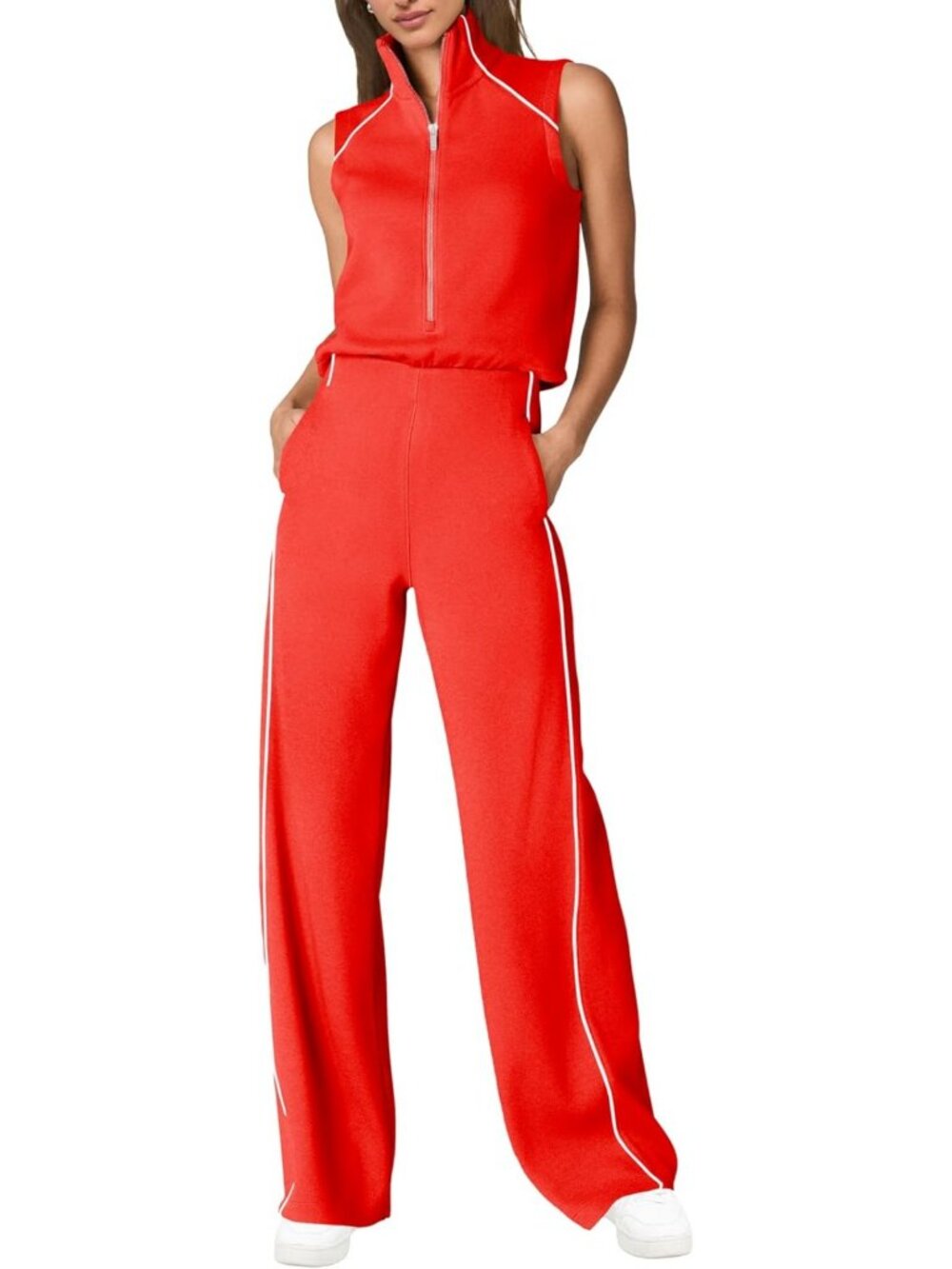 Chic Women's Summer Jumpsuit - Sleeveless Mock Neck, Wide Leg Pants, Pockets